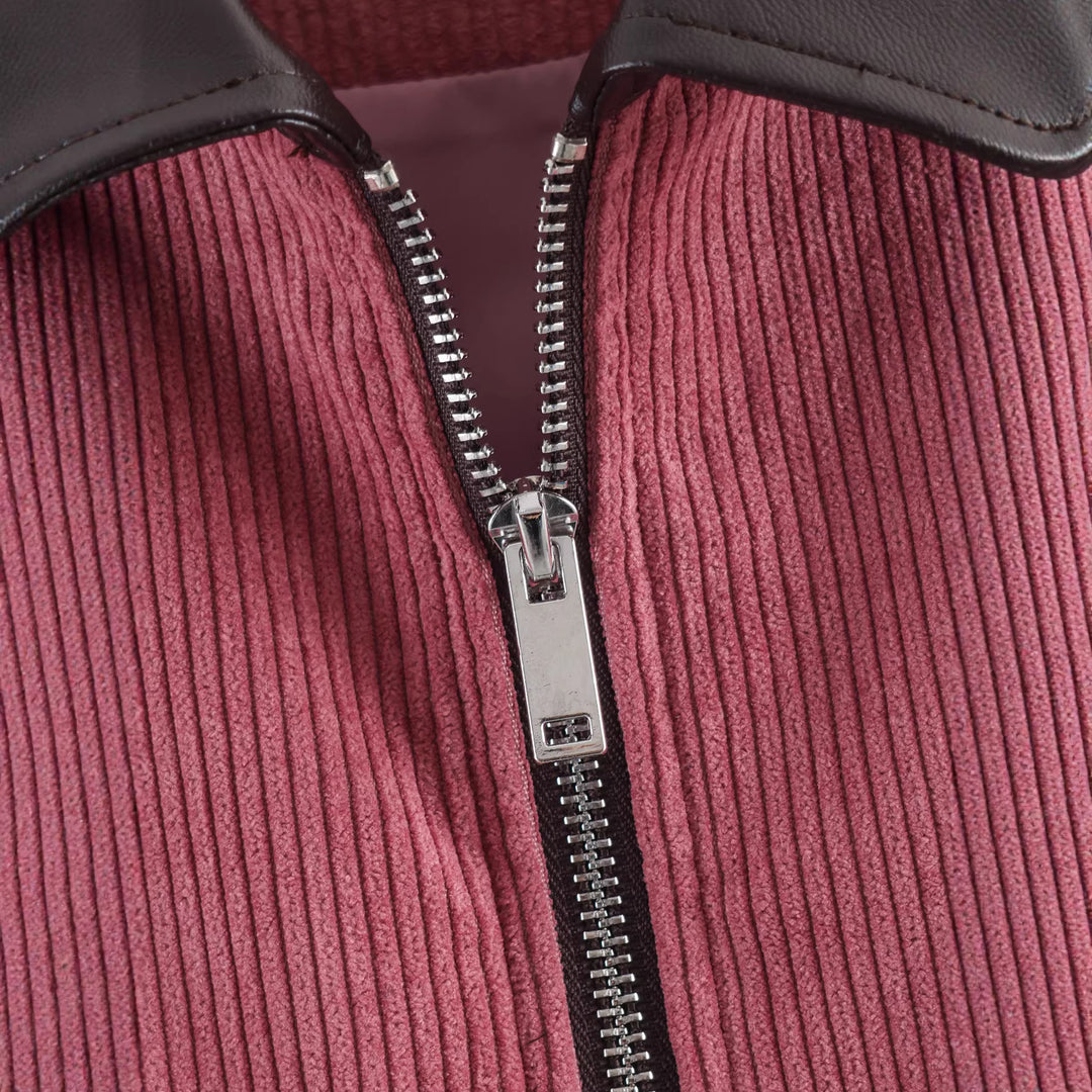 Damen Kurze Cordjacke mit Reißverschluss, großen Pattentaschen und Kunstlederkragen Drune