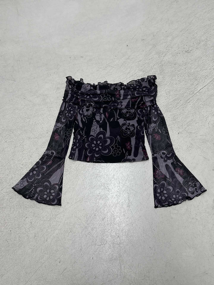Damen Off-Shoulder Oberteil mit voluminösen Ärmeln und floralem Muster Drune
