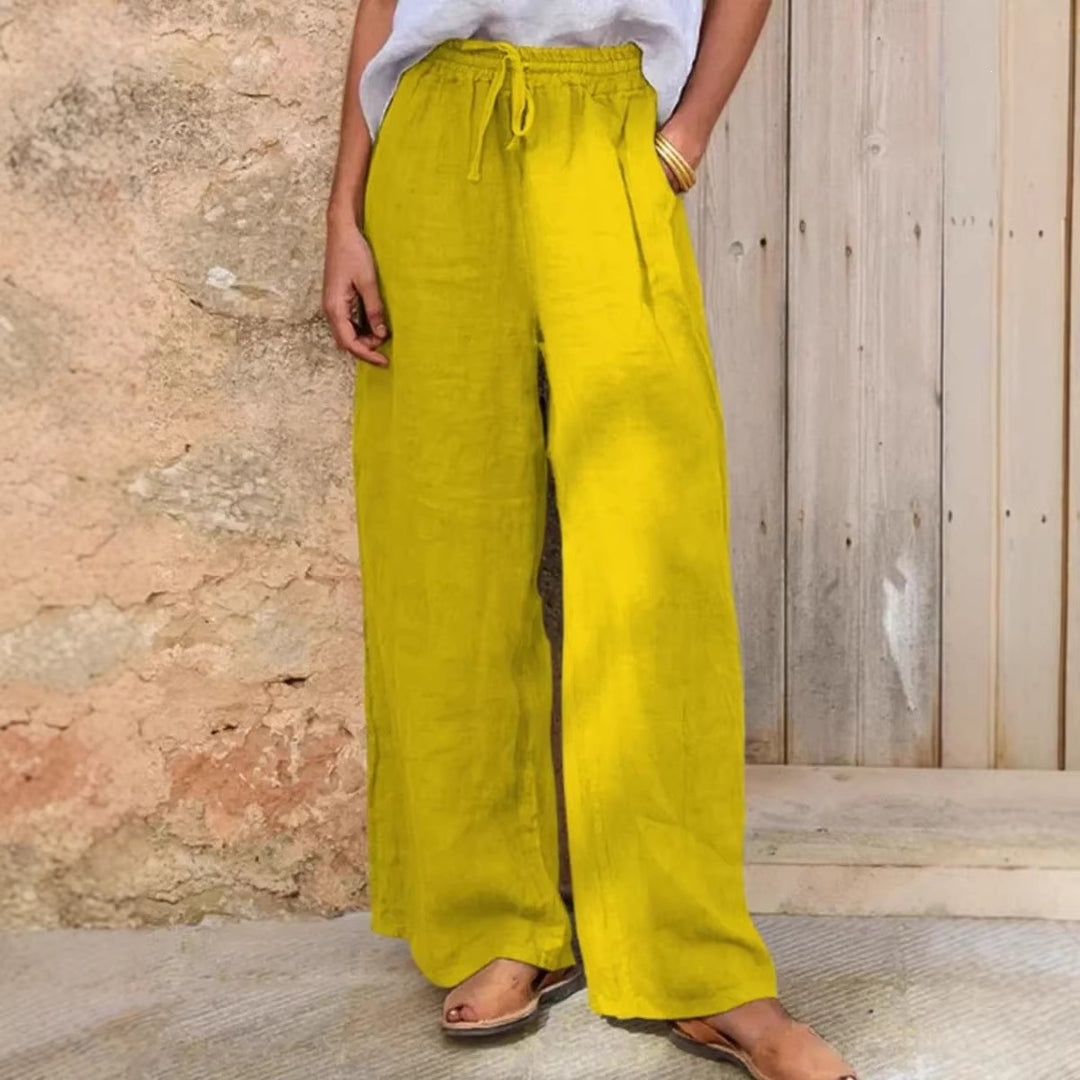 Damen Hochgeschnittene Leinenpalazzo-Hose mit Kordelzug und weitem Bein Drune