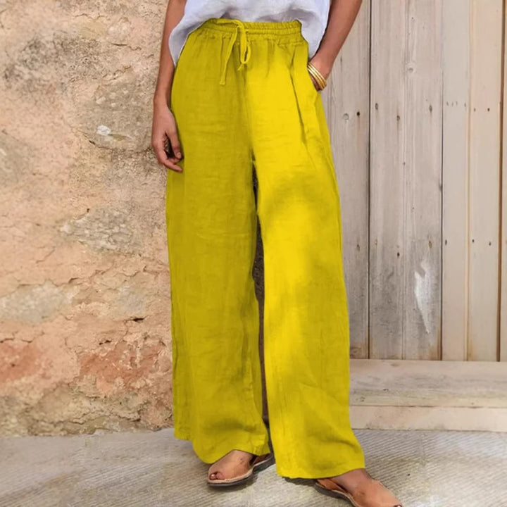 Damen Hochgeschnittene Leinenpalazzo-Hose mit Kordelzug und weitem Bein Drune