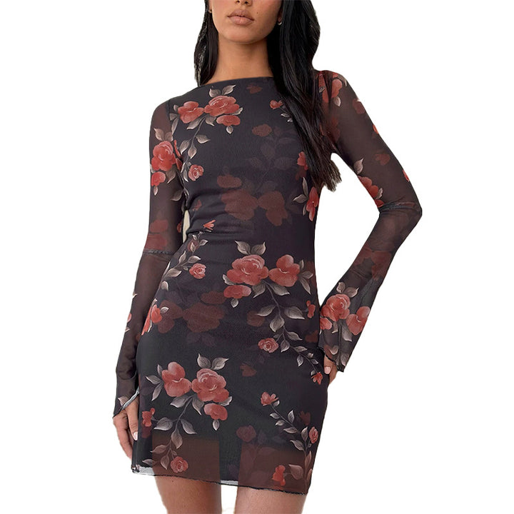 Damen Blumenmuster Minikleid mit transparenten Ärmeln und elegantem Schnitt Drune