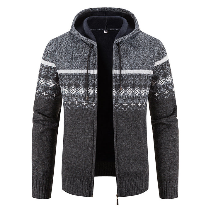 Herren nan gefütterte Strick-Zipjacke im Norwegerstil mit Kapuze und Thermofleece Drune