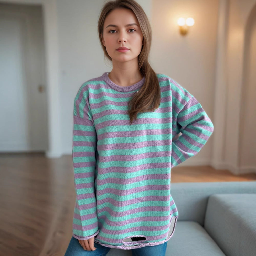 Damen gestrickter Oversized-Pullover mit lässigem Streifenmuster Drune