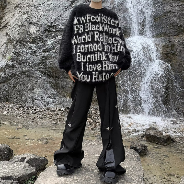 Unisex Oversized Strickpullover mit kreativem Schriftzug und gemütlichem Schnitt Drune