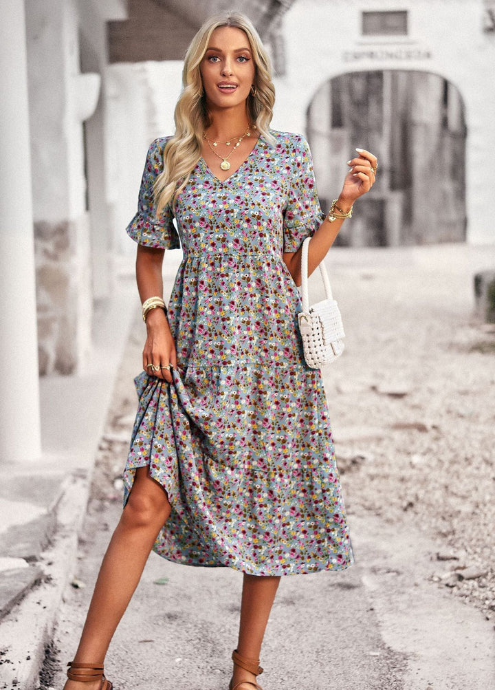 Damen Midi-Kleid mit Floralem Muster und Verspieltem V-Ausschnitt Drune