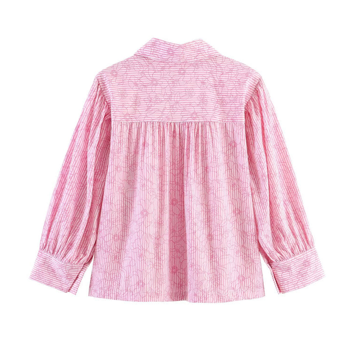 Damen Gestreifte Baumwollbluse mit Puffärmeln und Tonaler Stickerei Drune