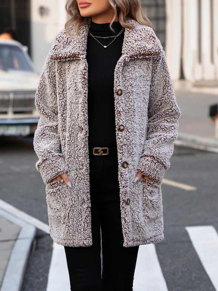 Damen Flauschige Übergangsjacke mit großen aufgesetzten Taschen und Knopfdetails Drune