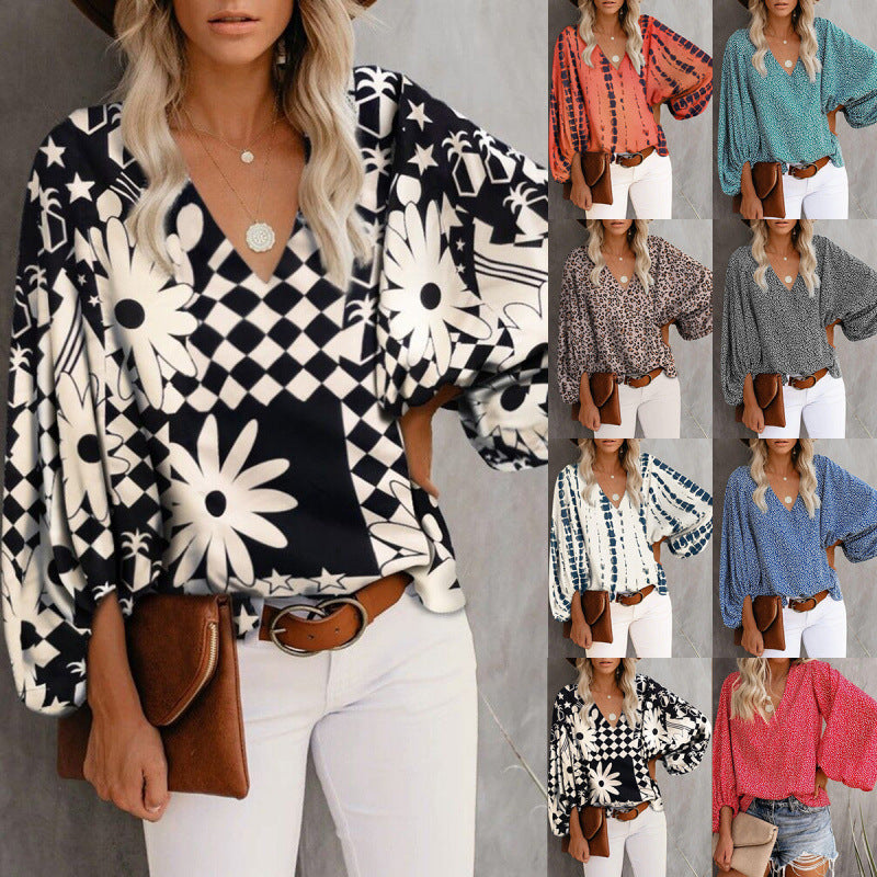 Damen Bluse mit weitem Puffärmel und eleganter V-Ausschnitt Drune