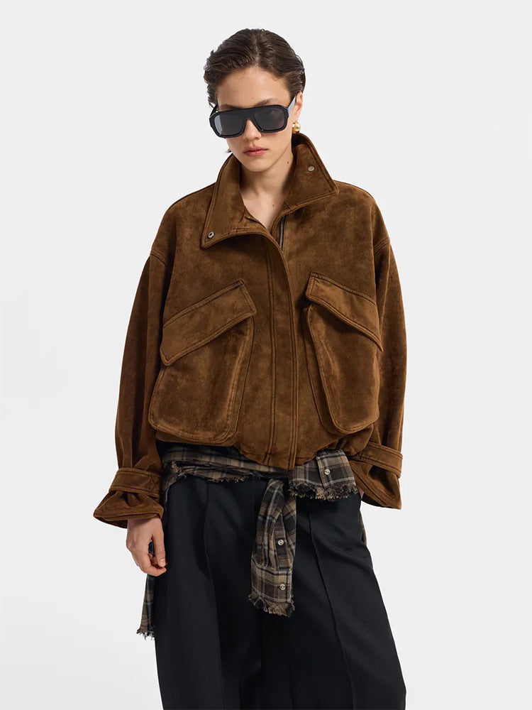 Damen Oversize Veloursleder-Blouson mit großen Pattentaschen und Stehkragen Drune