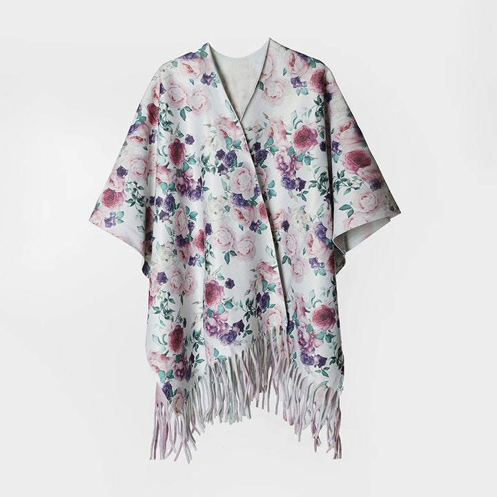 Damen Blumen‑Kimono‑Überwurf mit seidenähnlichem Fall und Fransensaum Drune