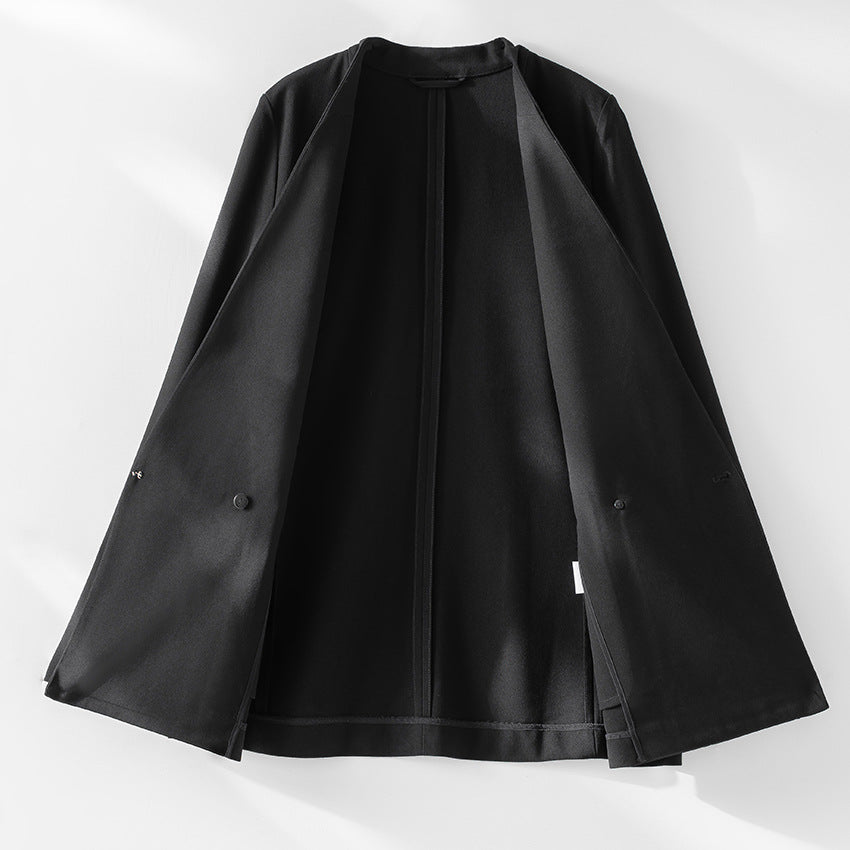 Damen kragenloser Longline-Blazer mit offenem V-Ausschnitt und Eingrifftaschen Drune