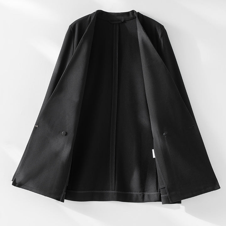 Damen kragenloser Longline-Blazer mit offenem V-Ausschnitt und Eingrifftaschen Drune