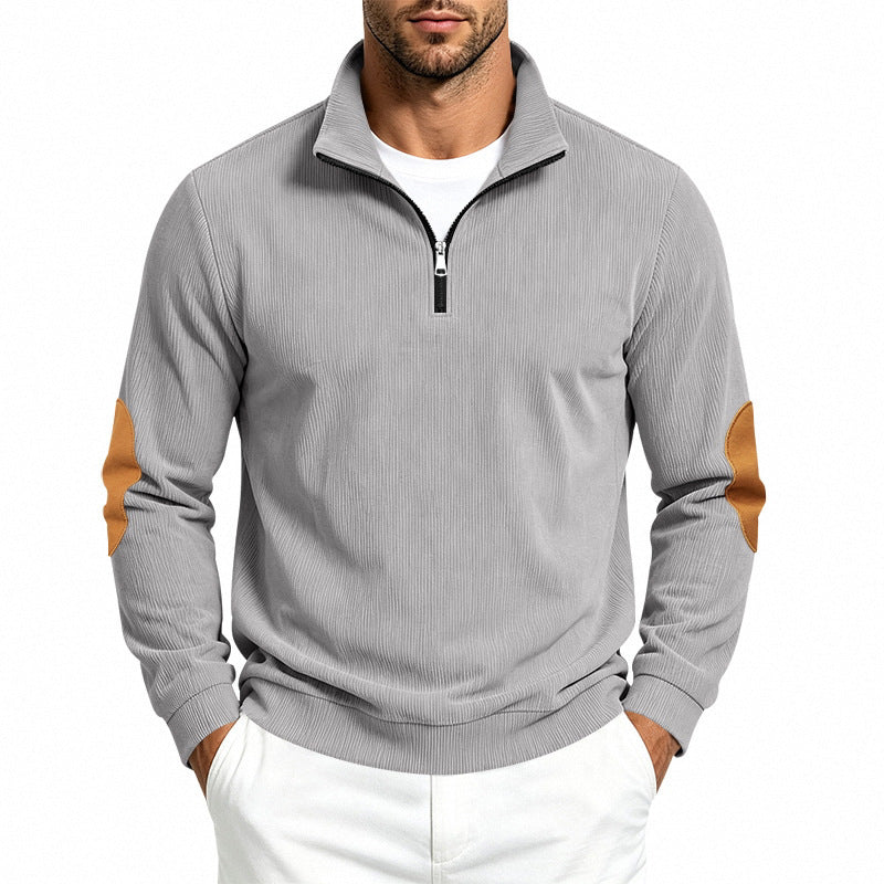 Herren Feinstrick-Halbzip-Pullover mit Cordstruktur und Kontrast-Ellbogenpatch Drune
