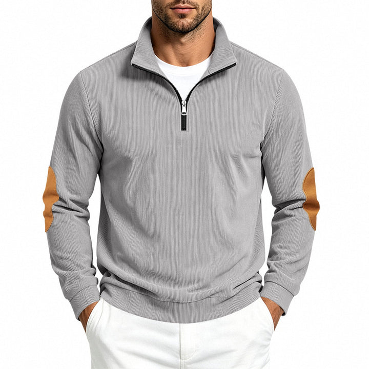 Herren Feinstrick-Halbzip-Pullover mit Cordstruktur und Kontrast-Ellbogenpatch Drune
