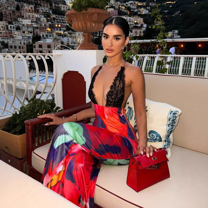 Damen figurbetontes Maxikleid mit floralem Muster und Spitze Drune