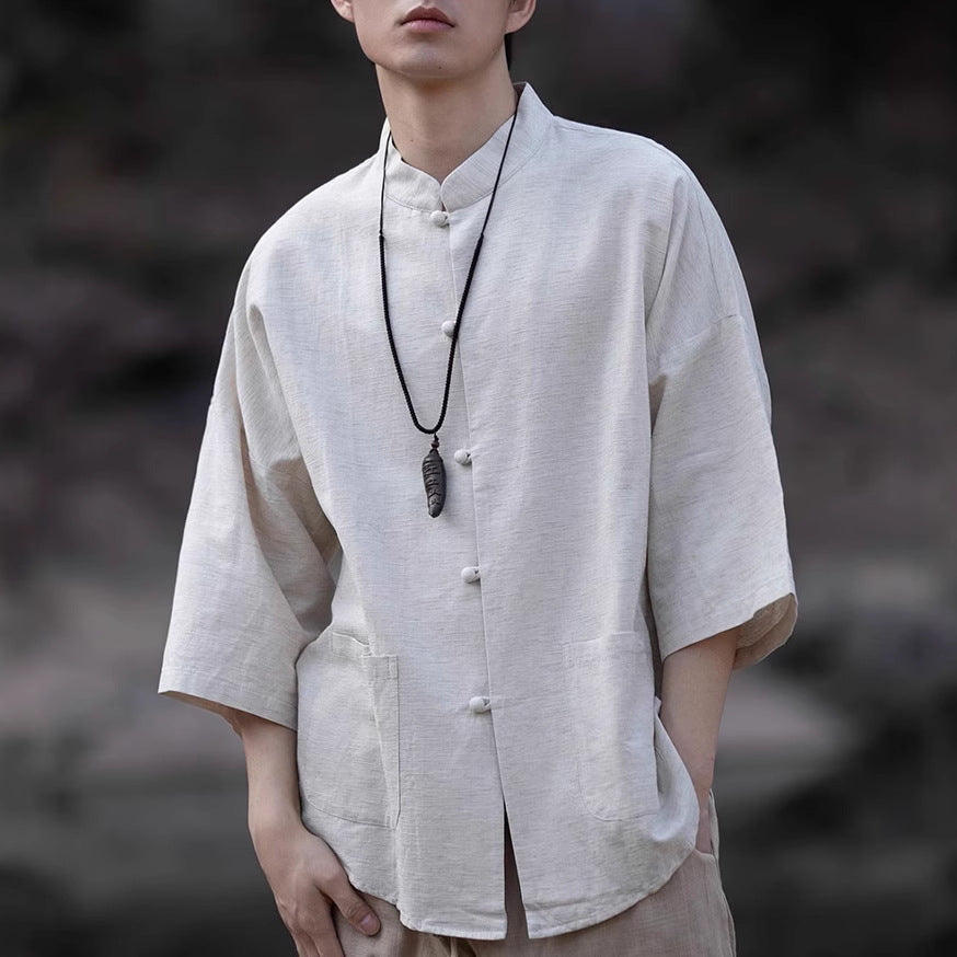 Herren Oversize Hemd im Kimono-Stil aus Leinen-Baumwollmix mit Stehkragen Drune