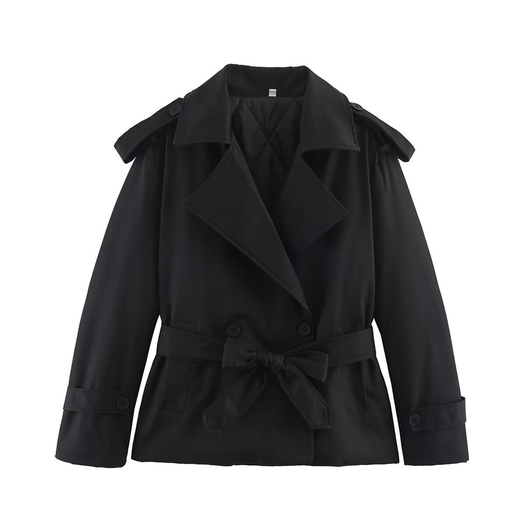 Damen Taillierte Kurz-Trenchjacke mit Bindegürtel und Schulterpatten Drune