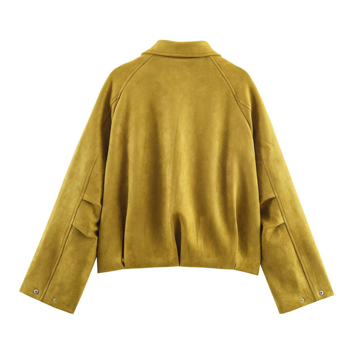 Damen modische Wildlederjacke mit hohem Kragen und praktischen Taschen Drune