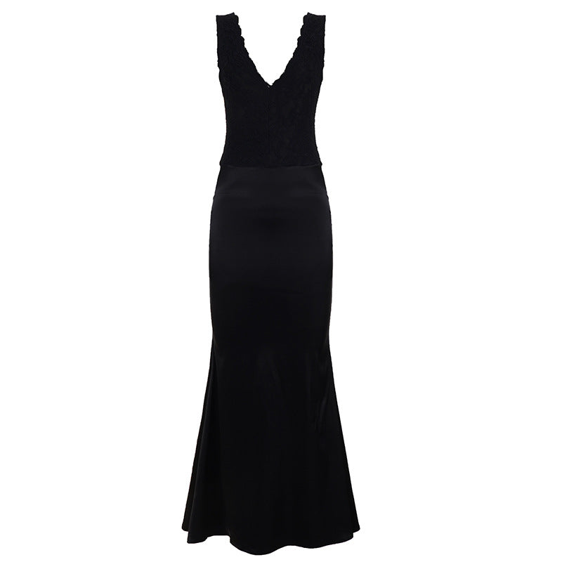 Damen Elegantes Maxikleid mit tiefem V-Ausschnitt und romantischem Spitzenoberteil Drune
