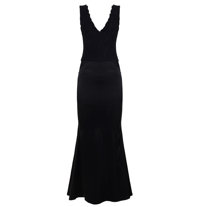 Damen Elegantes Maxikleid mit tiefem V-Ausschnitt und romantischem Spitzenoberteil Drune