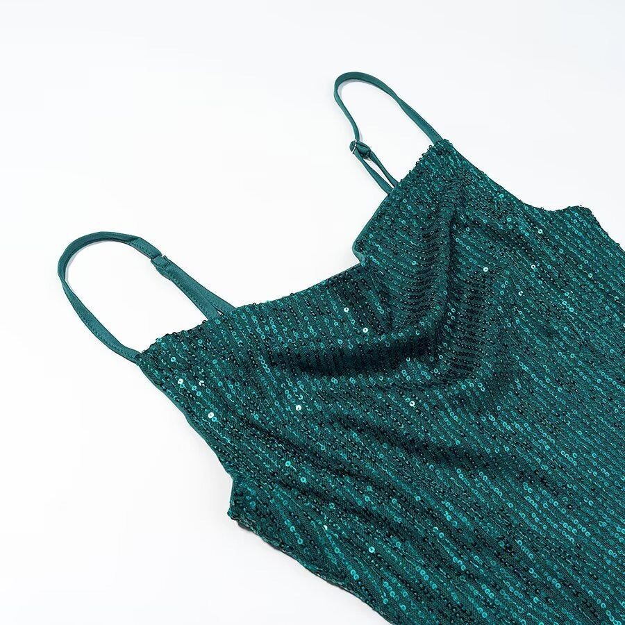Damen Glamouröses Midikleid mit schimmerndem Stoff und bequemen Spaghettiträgern Drune