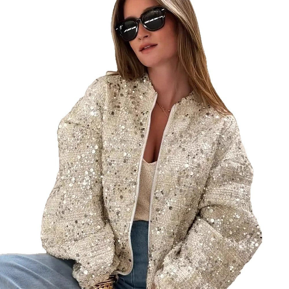 Damen Pailletten-Bomberjacke mit Reißverschluss, lockerer Boxy-Silhouette und dekorativen Glitzerapplikationen Drune