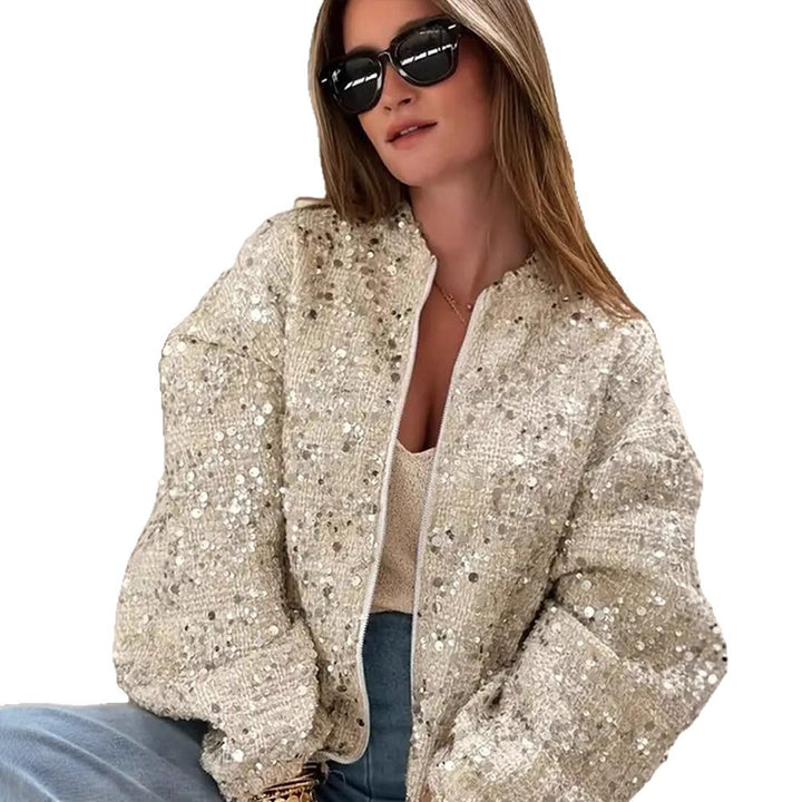 Damen Pailletten-Bomberjacke mit Reißverschluss, lockerer Boxy-Silhouette und dekorativen Glitzerapplikationen Drune