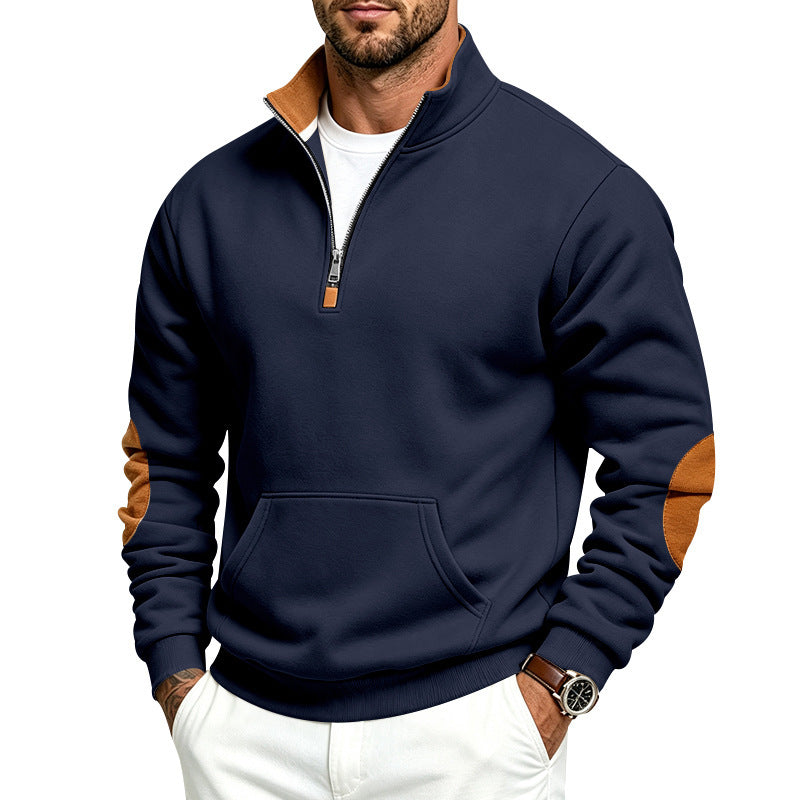 Herren Troyer-Pullover mit halbem Reißverschluss, Kängurutasche und Ellbogen-Patches Drune