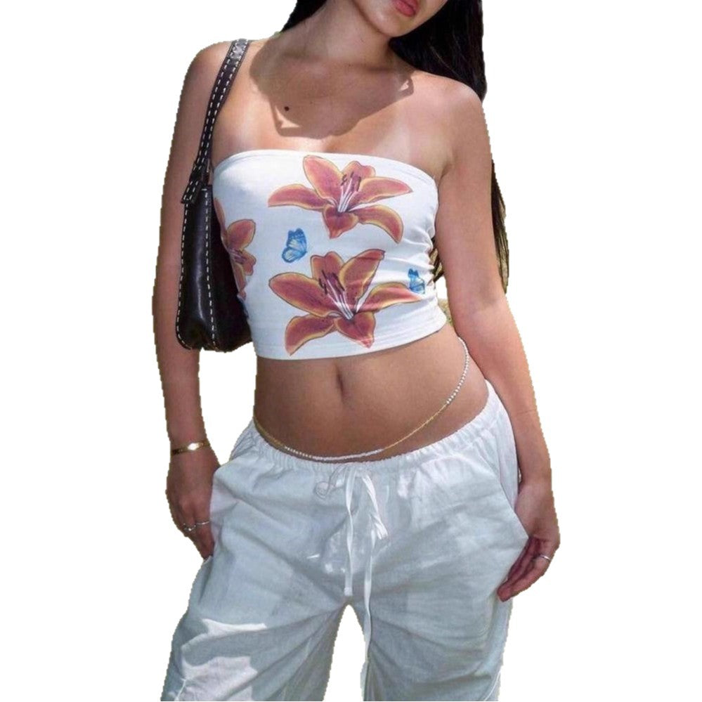 Damen Strapless Crop-Top mit buntem Blumenmuster Drune