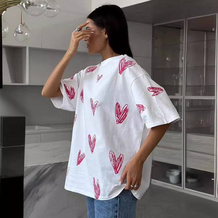 Damen lässiges T-Shirt mit Herzmotiv Drune