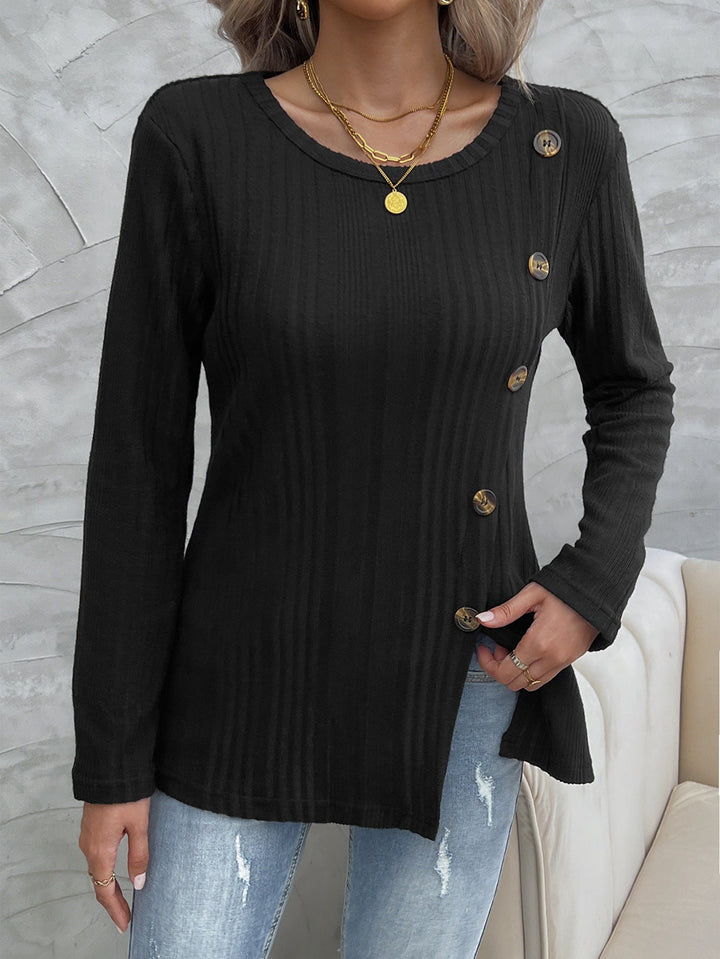 Drune Schwarzes Rundhals schrägknopf Strickoberteil