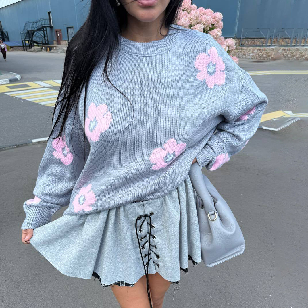 Damen Grob gestrickter Pullover mit Blumendesign Drune