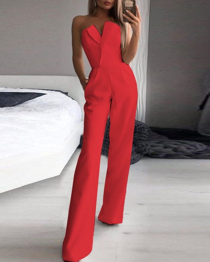 Damen Eleganter Jumpsuit mit tiefem V-Ausschnitt und weitem Bein Drune