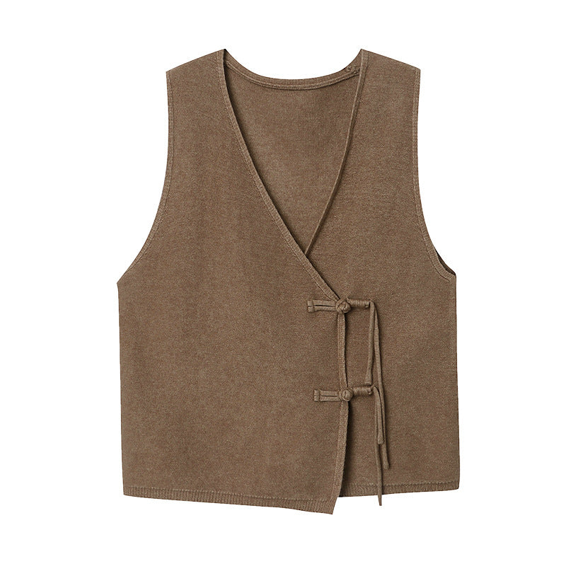 Damen elegante Weste mit seitlichen Taschen und Bindegürtel Drune