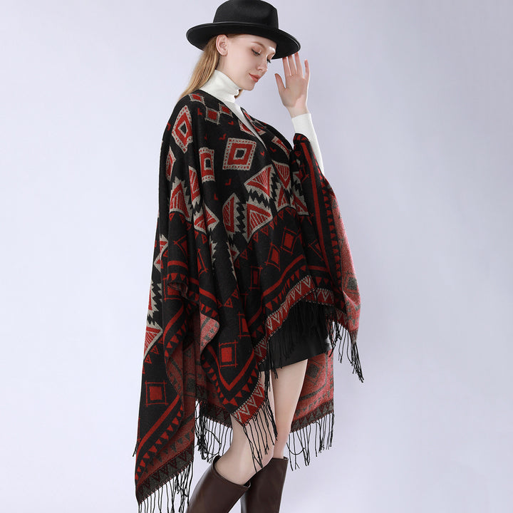 Damen Zweilagiger Kapuzen-Überwurf mit asymmetrischem Fransensaum und geometrischem Jacquard Drune