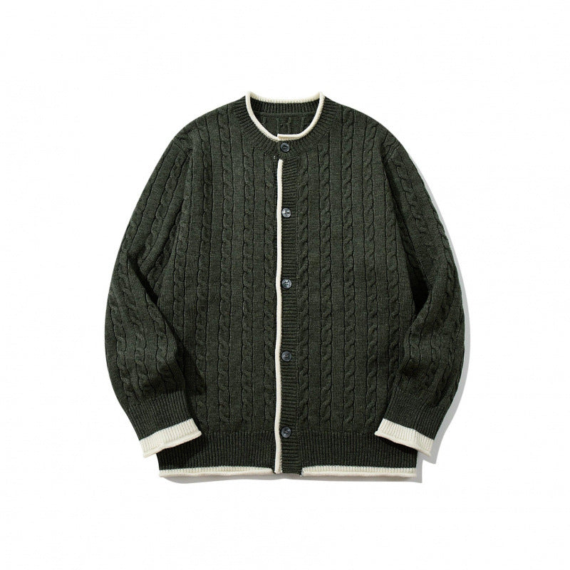 Unisex Feinstrick-Cardigan mit Zopfmuster, Rundhalsausschnitt und Kontrastblende Drune