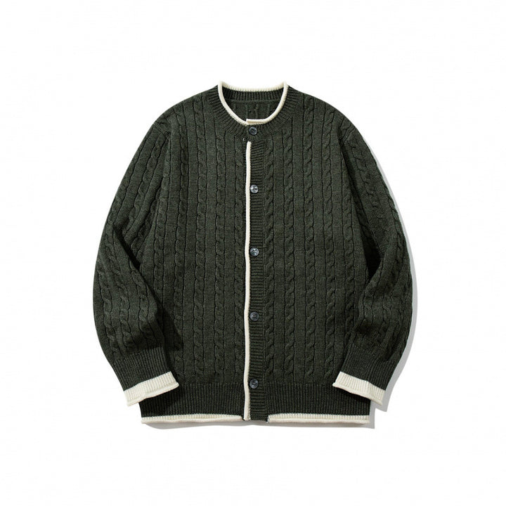 Unisex Feinstrick-Cardigan mit Zopfmuster, Rundhalsausschnitt und Kontrastblende Drune