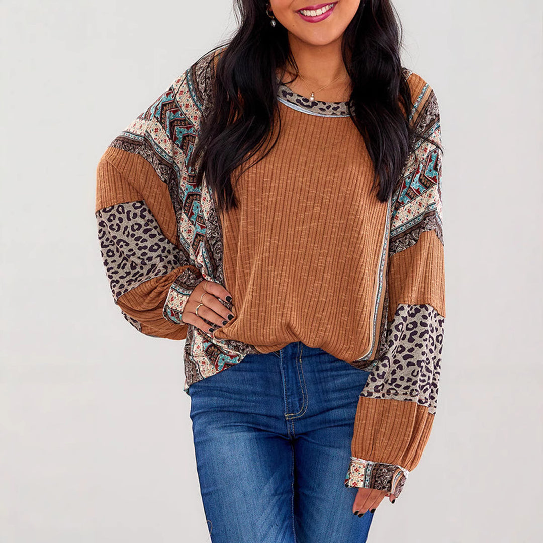 Damen Lässiges Patchwork-Longsleeve mit Rippenstruktur, Leoparden- und Boho-Print Drune