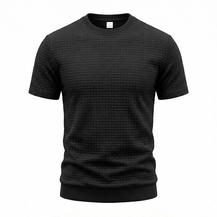 Herren nan kurzärmeliges Strickshirt mit geprägter Karostruktur, Rundhalsausschnitt und geripptem Saum Drune