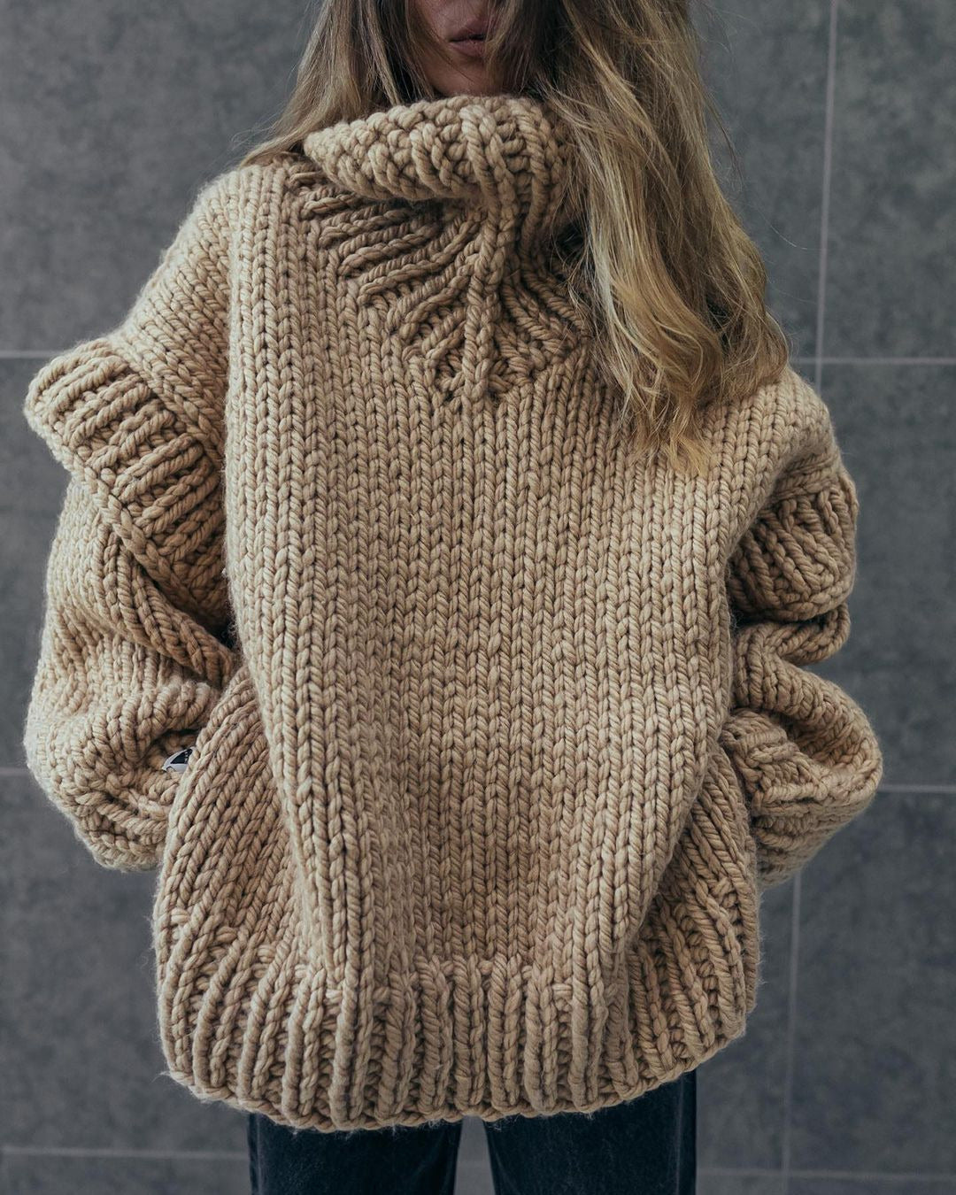 Damen Oversize Grobstrickpullover mit hohem Rollkragen Drune