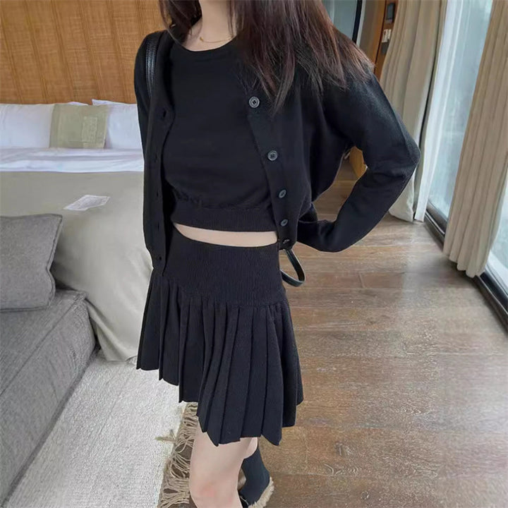 Damen Kurzärmeliges Strickkleid mit Faltenrock und Rundhalsausschnitt Drune