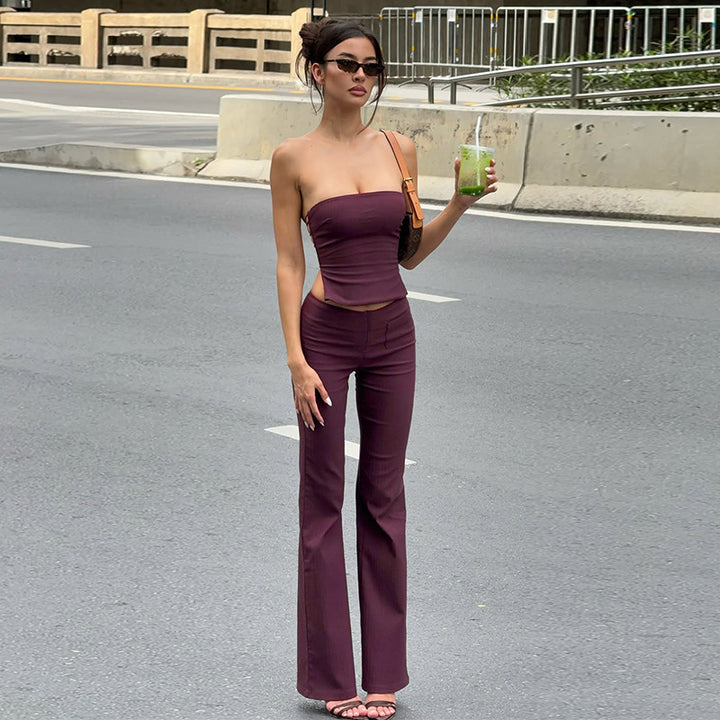 Damen elegantes Bustier-Top mit weitem Bund und ausgestellten Hosen Drune