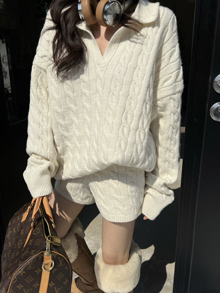 Damen Strickpullover mit modischem Zopfmuster und tiefem V-Ausschnitt Drune