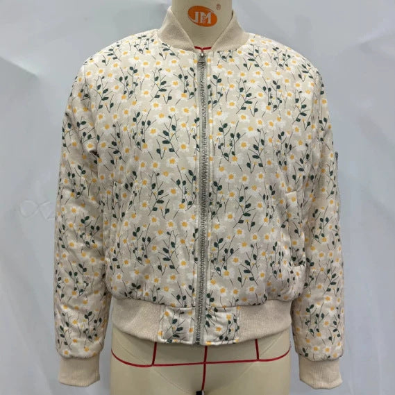 Damen gequiltete Blumen-Bomberjacke mit Rippbündchen und Reißverschluss Drune