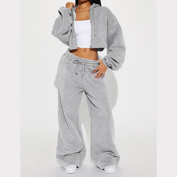 Damen Lässiges Fleece-Kapuzenoberteil mit weitem Schnitt und entspannter Hose Set Drune