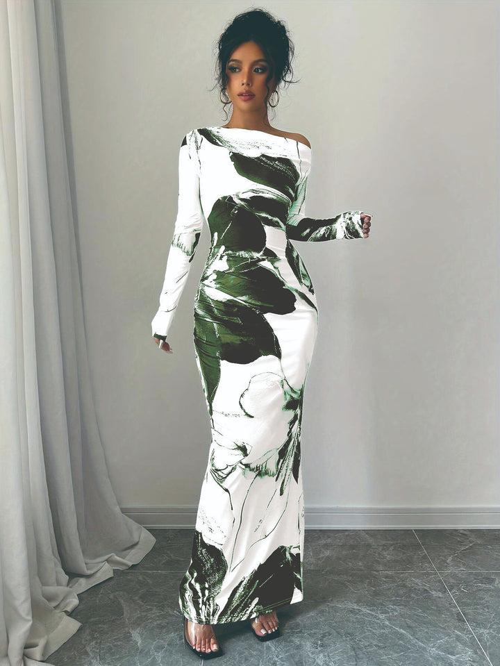 Damen elegantes Langarmkleid mit floralem Motiv Drune