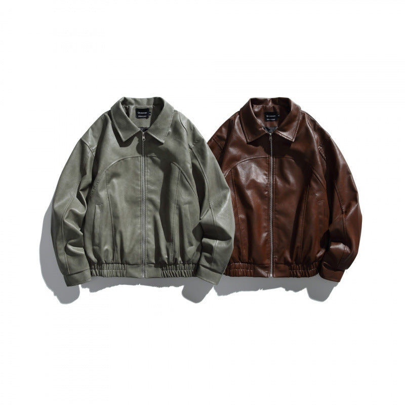 Herren Kurz geschnittene Boxy-Lederoptik Blousonjacke mit Hemdkragen, Frontreißverschluss und elastischem Saum Drune
