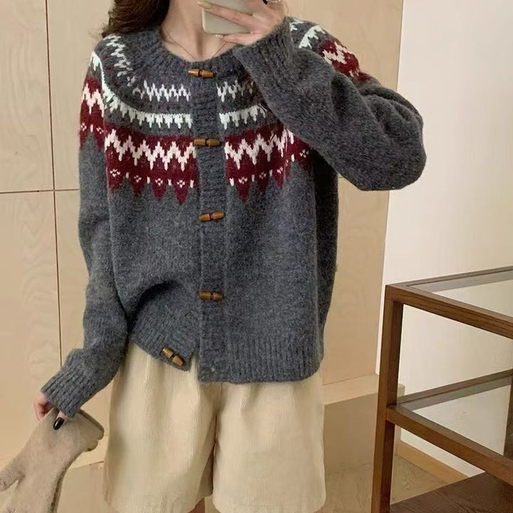 Damen Gemütlicher Strickpullover mit traditionellem Norweger-Muster und Kapuze Drune