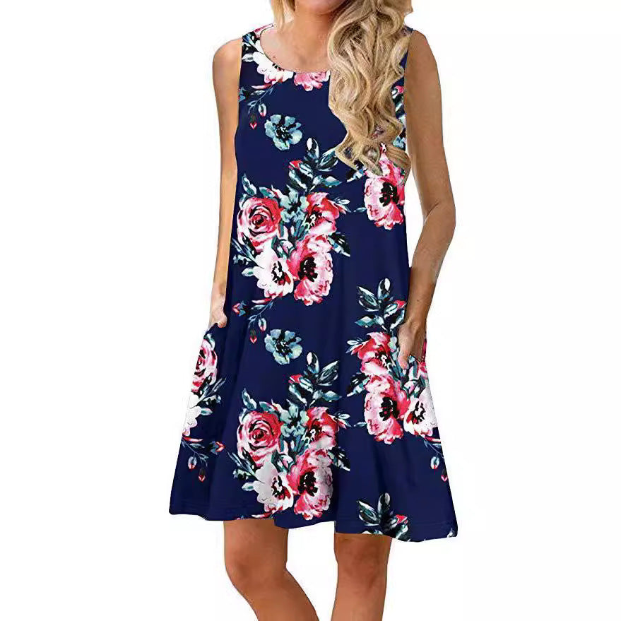 Damen ärmelloses Blumen-Minikleid mit praktischen Eingrifftaschen Drune