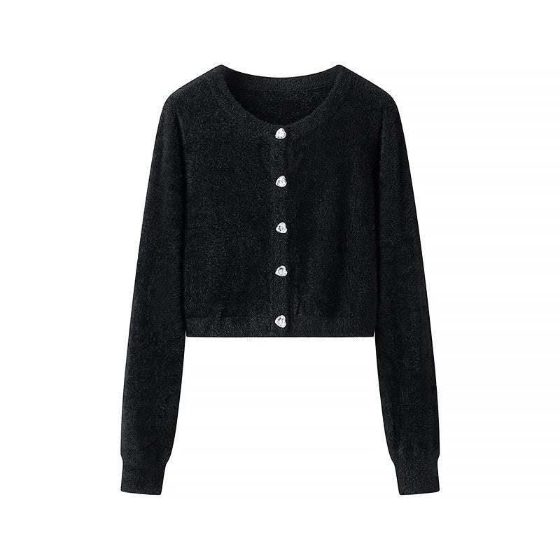 Damen Kurze Strickjacke mit glänzenden Knöpfen Drune